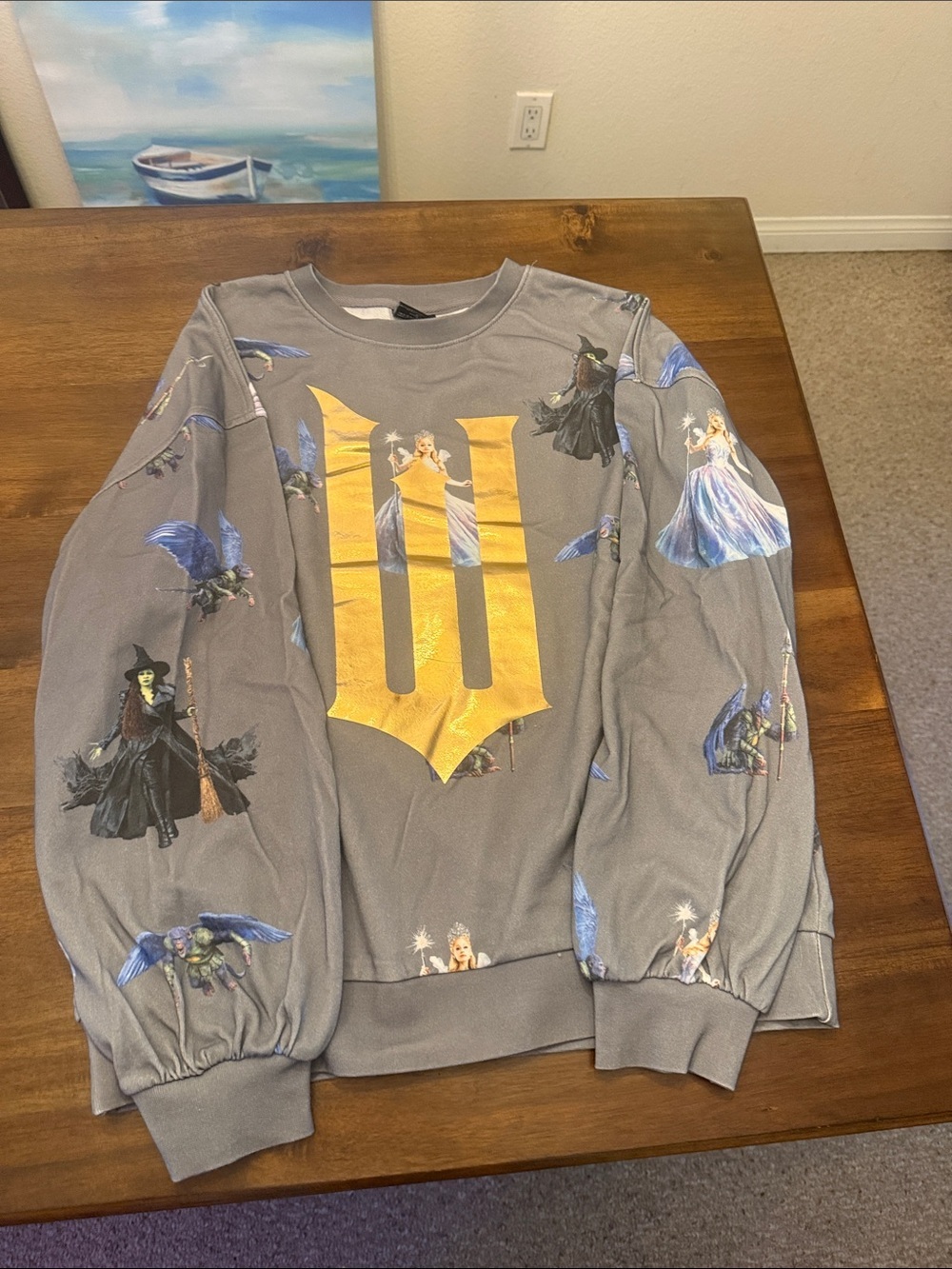 Universal | WICKED Gray Graphic Crewneck Sweater with Gold “W” | Size Large